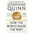 The book cover of "How the World Made the West" by Bloomsbury features an ancient ship illustration and review quotes from The Times, William Dalrymple, and Lucy Worsley on a white background, exploring ancient world history and Western civilisation.