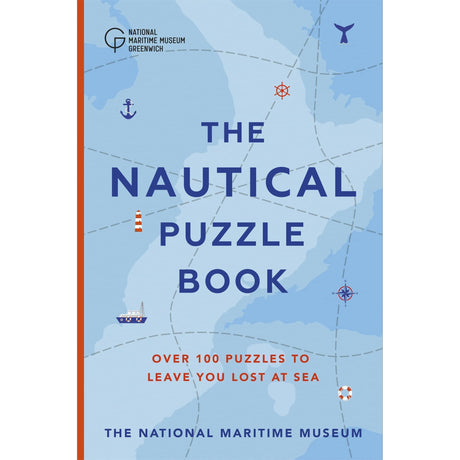 The cover of The Nautical Puzzle Book by Hodder & Stoughton features maritime puzzles, nautical symbols, a map background, “Over 100 puzzles to leave you lost at sea,” and National Maritime Museum Greenwich logos.