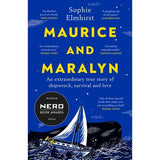 The "Maurice and Maralyn" book cover by Vintage features a sailboat amidst waves on a blue background with yellow text. It captures themes of love and survival, includes reviewer quotes, and displays the Nero Book Awards 2024 winner symbol.