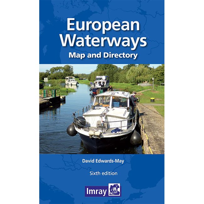 The cover of the "Map of European Waterways" by Imray features a boat cruising along a canal surrounded by greenery and trees, highlighting the extensive waterway network across Europe.