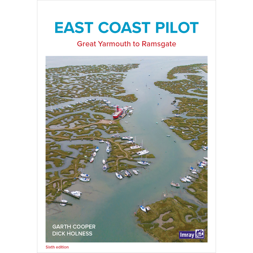 Cover of the book "East Coast Pilot" by Garth Cooper and Dick Holness, published by Imray. This sixth edition sailing guide features an aerial view of a coastal area with numerous boats anchored in intricate waterways surrounded by marshland.