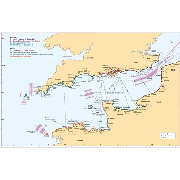 Map displaying ferry routes across the English Channel between southern England and northern France, with Channel Islands, ports, maritime zones, key cities, and navigation tips inspired by The Shell Channel Pilot from Imray. Color-coded for ferry operators.