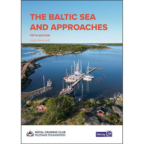 Aerial view of a marina with sailboats, blue waters, islands, and red-roofed buildings. Ideal for Baltic Sea cruising insights from "The Baltic Sea and Approaches," fifth edition by Imray.