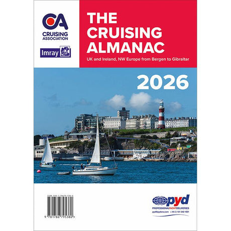 Cover of Imray's "The Cruising Almanac 2026" shows sailboats near ports and marinas, a red and white lighthouse, hillside buildings, and a blue sky. Includes publication details and a professional yacht delivery logo.