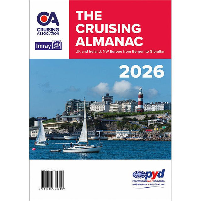 Cover of Imray's "The Cruising Almanac 2026" shows sailboats near ports and marinas, a red and white lighthouse, hillside buildings, and a blue sky. Includes publication details and a professional yacht delivery logo.