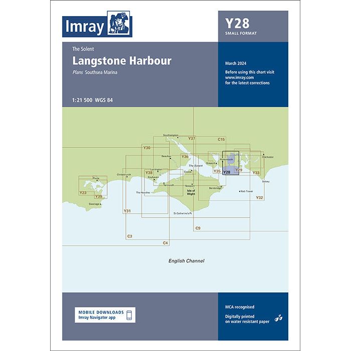 An Imray Chart titled "Langstone Harbour" (Small Format) from the Y Series, code Y28, covers The Solent and Southsea Marina at a 1:21,500 scale and is noted as WGS 84. It includes detailed navigational information relevant until March 2024, making it ideal for UK Waterways enthusiasts.