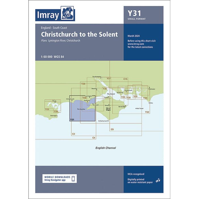 The marine chart titled "Imray Chart Y31 | Christchurch to the Solent (Small Format)" by Imray covers England's South Coast and details the Lymington River and Christchurch. It features a scale of 1:60,000, is formatted in accordance with WGS 84, and is part of the Imray Y Series. This chart includes mobile download information and is MCA recognized for passage planning on UK waterways.