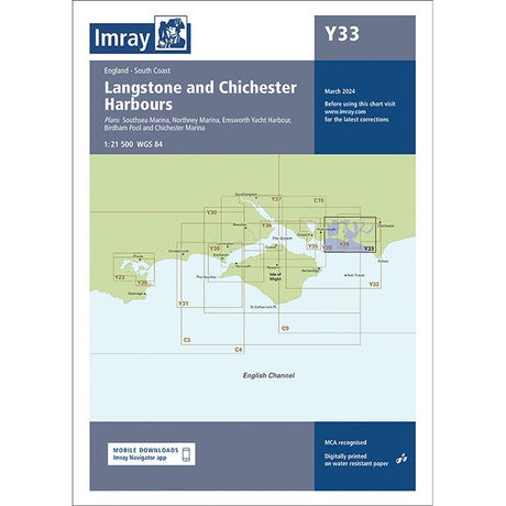 Imray Chart Y33: Langstone and Chichester Harbours displays the South Coast of England’s harbor areas. Published by Imray, it features a blue Y33 header and detailed publication info.