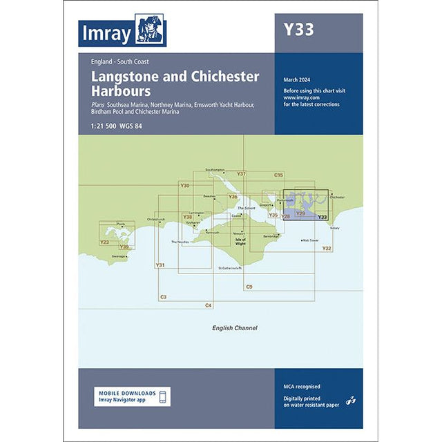 Imray Chart Y33: Langstone and Chichester Harbours displays the South Coast of England’s harbor areas. Published by Imray, it features a blue Y33 header and detailed publication info.