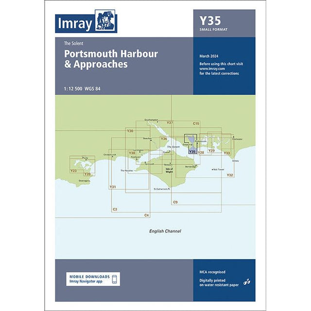 An Imray Chart Y35 from the Imray brand, titled "Portsmouth Harbour and Approaches" in small format, with a scale of 1:12,500 (WGS 84), focusing on Portsmouth Harbour and nearby areas in the English Channel. The chart is updated until March 2024.