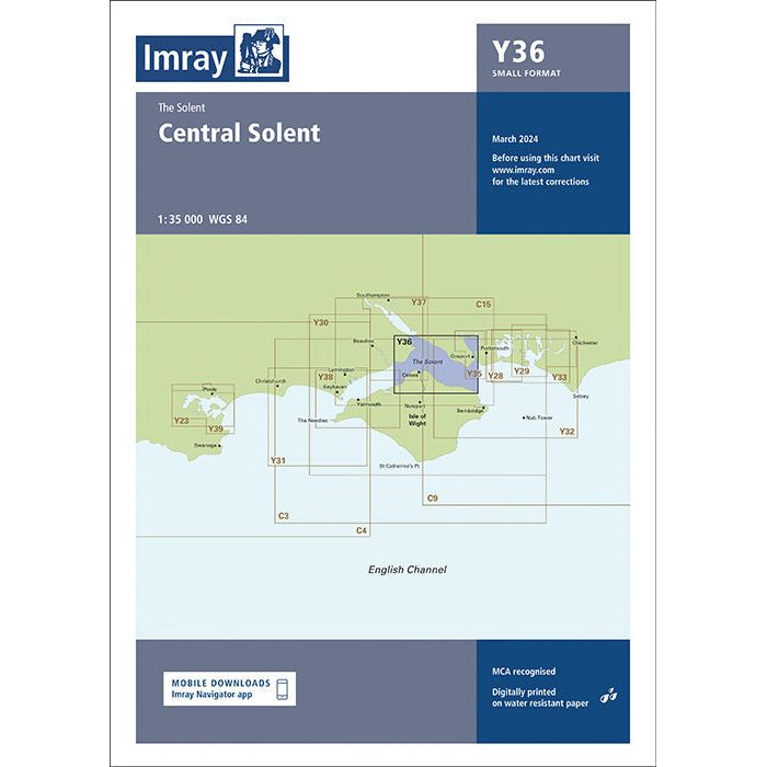 A nautical chart titled "Imray Chart Y36 | Central Solent (Small Format)" by Imray, depicting the Solent and its environs. This chart is a component of the Imray Y Series, which includes highly detailed navigational maps with various subsections, providing geographic coordinates and navigational information for UK waterways.