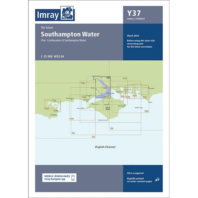 The Imray Chart Y37 | Southampton Water (Small Format) by Imray, part of the Imray Y Series charts, includes a detailed map of the Solent area with navigational information. This water-resistant chart, featuring the WGS 84 datum at a scale of 1:35,000 and bearing the Imray logo and map coordinates, is set for release in March 2024.