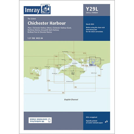 Imray Chart Y29L: Chichester Harbour (Laminated) by Imray features Solent chart details, the Y Series, scale info, updates, “Y29L” in a blue bar, chart numbers, and coverage of the English Channel area.