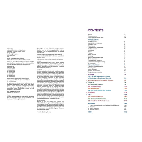 The left page of Adriatic Pilot by Imray lists publishing and copyright details; the right page features a multicolored table of contents with section titles and page numbers—ideal for any Croatia sailing or Adriatic Sea cruising guide.