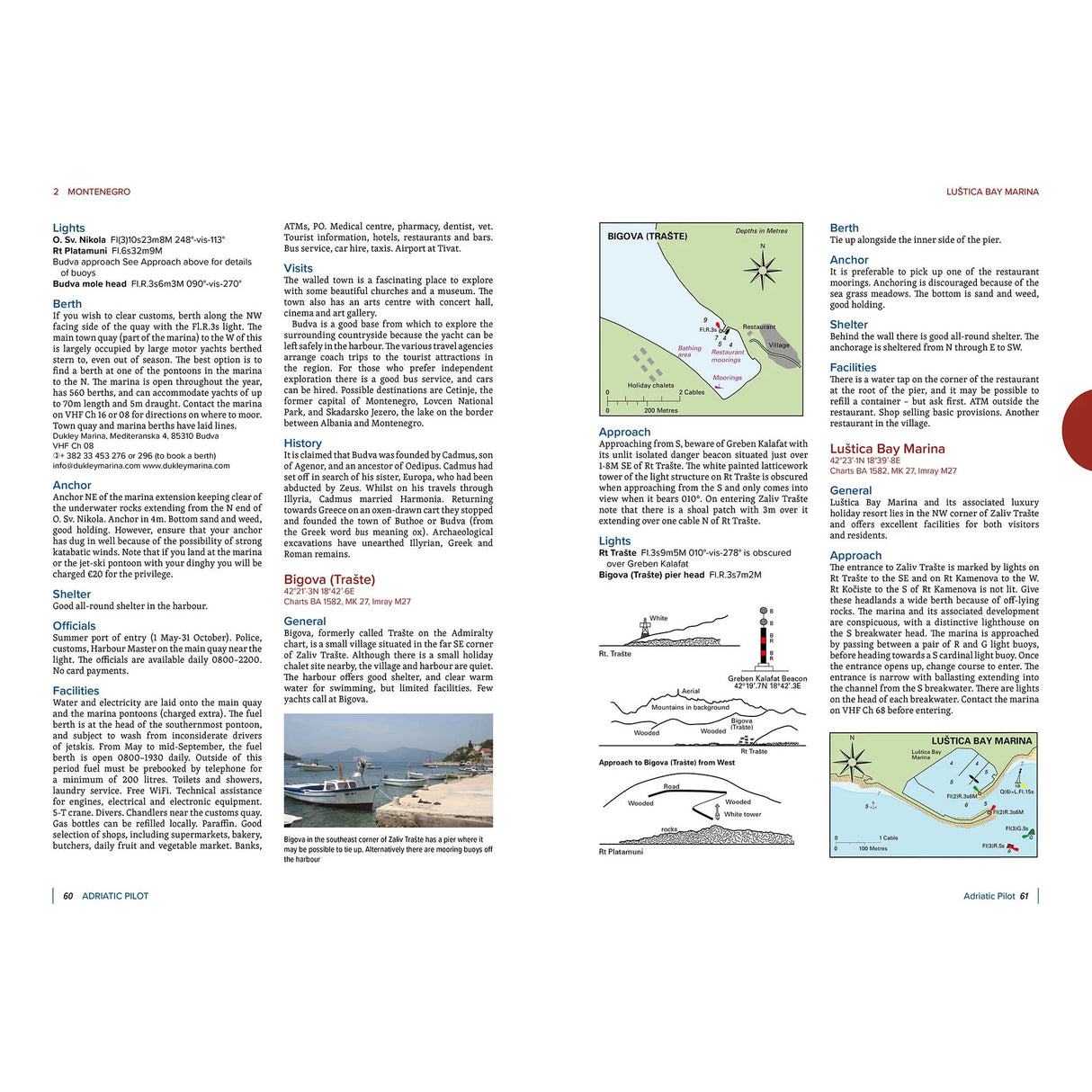 The Imray Adriatic Pilot guidebook features text, maps, and diagrams for Bigova and Lustica Bay Marina, including navigation details, facilities, approach routes, history notes, and color maps—perfect for Mediterranean sailing or Adriatic cruising.