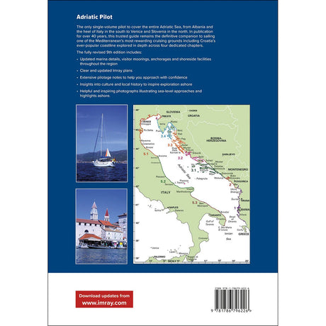 Back cover of Imray’s Adriatic Pilot, showing a map, photos of Croatia’s coast with boats and buildings, expert sailing info, and a barcode—ideal for Mediterranean navigation enthusiasts.