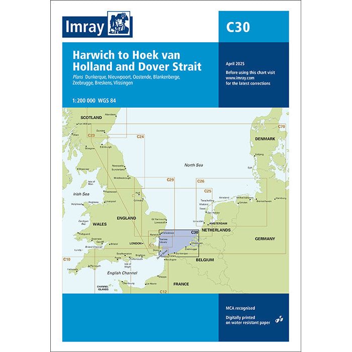 Imray Chart C30: Harwich to Hoek van Holland and Dover Strait features a nautical chart cover showing the route and highlighting areas of England, France, Belgium, and the Netherlands, with Imray branding and chart details on the top and sides.