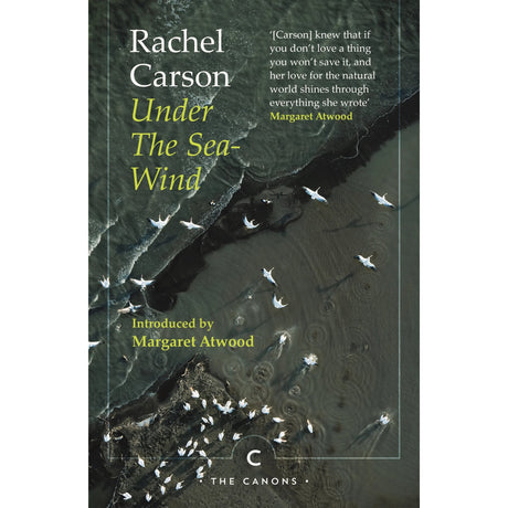Book cover for Under the Sea-Wind by Rachel Carson, featuring an aerial view of waves meeting a shoreline and a flock of birds, with an introduction and pull quote by Margaret Atwood.
