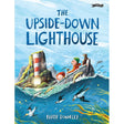 The illustrated cover of O'Brien Press’s "The Upside-Down Lighthouse" shows two children and a dog in a boat by a rocky island lighthouse, with swirling blue clouds, waves, and birds.