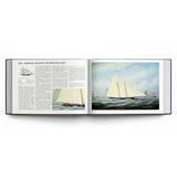 Open book displaying pages from The Story of the America’s Cup 1851-2024 by ACC Art Books, featuring text detailing the 1851 America’s Cup and vivid illustrations of historic sailing ships racing across calm water beneath a cloud-dappled blue sky, capturing a defining moment in yachting history and the thrill of this iconic race.