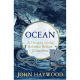 Apollo's "Ocean" book cover showcases historical sea imagery, such as a ship and mythical sea creatures on a textured blue background, symbolizing the seafaring skills preceding European exploration of the Atlantic.