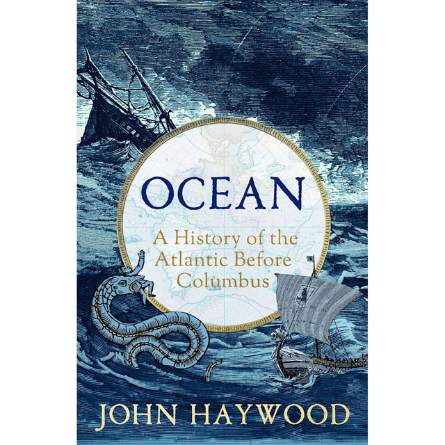 Apollo's "Ocean" book cover showcases historical sea imagery, such as a ship and mythical sea creatures on a textured blue background, symbolizing the seafaring skills preceding European exploration of the Atlantic.