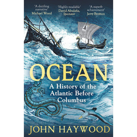 The illustrated cover of "Ocean" by Apollo features ships navigating stormy seas above mysterious sea creatures, evoking ocean exploration and pre-Columbian Atlantic history. Title, author, and praise quotes are prominently displayed at the top.