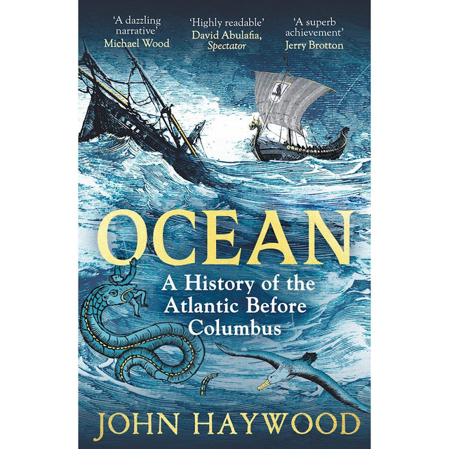 The illustrated cover of "Ocean" by Apollo features ships navigating stormy seas above mysterious sea creatures, evoking ocean exploration and pre-Columbian Atlantic history. Title, author, and praise quotes are prominently displayed at the top.