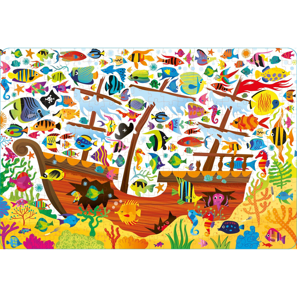 Explore a lively undersea world with Usborne’s Under the Sea Book and Jigsaw, featuring a colorful sunken ship, vibrant coral, seaweed, and an array of bright fish and crabs—perfect for ocean learning fun!.