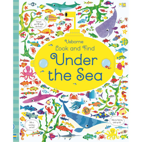 Colorful illustrated cover of Usborne's "Under the Sea Book and Jigsaw" features sea creatures like fish, crabs, octopuses, whales, and turtles among plants—a perfect ocean-themed set—with a yellow title bubble in the center.