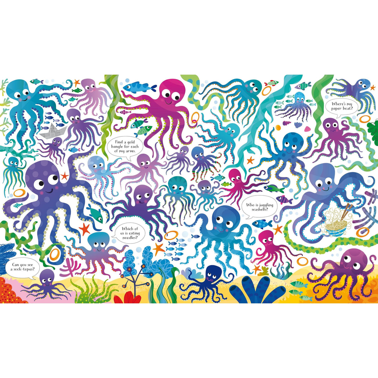 The Usborne Under the Sea Book and Jigsaw features a colorful underwater puzzle with playful blue, purple, and pink octopuses among seaweed, fish, shells, coral, and speech bubbles for a fun ocean adventure.