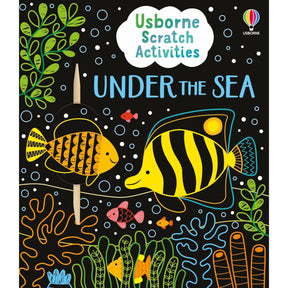 The "Under the Sea" book by Usborne has a colorful cover showcasing two bright sea creatures—one orange with black stripes and the other yellow with black stripes—amidst seaweed and bubbles on a black background.