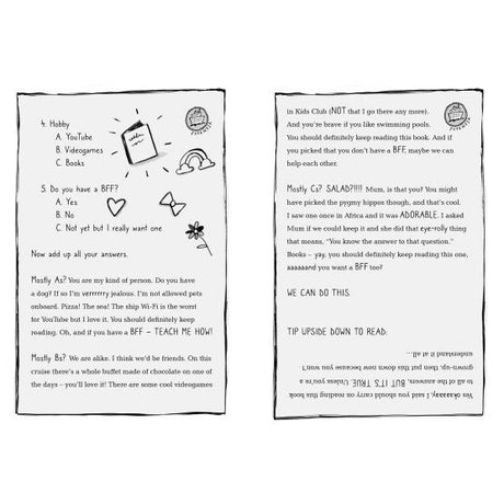 A black and white illustrated "BFF Quiz" with handwritten questions on hobbies, YouTube, videogames, books, and Emma Swan—plus a note about friends and club adventures—featured in Usborne’s Cruise Ship Kid: Thief At Sea!.