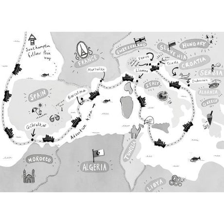 An illustrated map inspired by Usborne’s "Cruise Ship Kid: Thief At Sea!" charts a train route from Southampton to Istanbul via France, Spain, Italy, and the Balkans, complete with trains, ships, landmarks, flags—and the cruise ship detective Emma Swan.