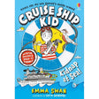 Book cover for "Cruise Ship Kid: Kidnap at Sea!" by Usborne, a detective adventure featuring a girl with binoculars, parrot, and cruise ship on a blue background filled with playful doodles. Illustrated by Katie Saunders.