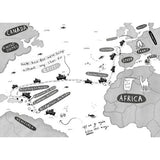 In Usborne’s "Cruise Ship Kid: Kidnap at Sea!", an illustrated map shows Emma Swan’s detective adventure from the U.S. to Europe and Africa, with ships, whales, sea creatures, fun travel stops, and talk of crisps along the way.