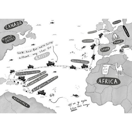 In Usborne’s "Cruise Ship Kid: Kidnap at Sea!", an illustrated map shows Emma Swan’s detective adventure from the U.S. to Europe and Africa, with ships, whales, sea creatures, fun travel stops, and talk of crisps along the way.
