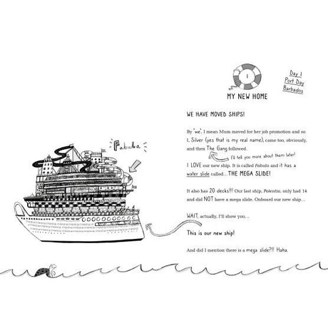 A black and white illustrated page from Usborne’s "Cruise Ship Kid: Kidnap at Sea!" shows the cruise ship Fabula as Emma Swan eagerly explores its 20 decks and mega slide, spotting someone floating nearby.