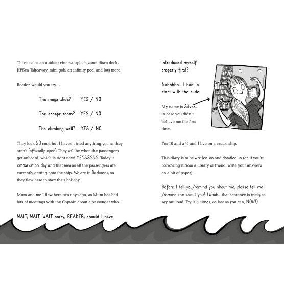 An illustrated page from Usborne’s "Cruise Ship Kid: Kidnap at Sea!" shows Emma Swan with long hair and binoculars, looking surprised, surrounded by text with questions, dialogue, and funny comments from her detective adventure.