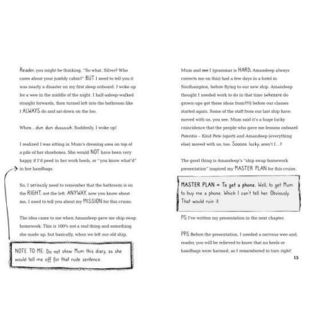 A black and white book page from Usborne's "Cruise Ship Kid: Kidnap at Sea!" shows handwritten notes, boxed text, and Emma Swan’s “MISSION” and “MASTER PLAN,” setting up this exciting detective adventure.