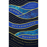 Book cover for "Good, Occasionally Rhyming" by August Books, a poetry collection celebrating the Shipping Forecast in verse and prose, featuring blue and gold wavy lines with place names.
