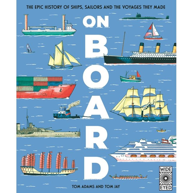 Cover of On Board featuring various illustrations of boats and ships on a blue background that captures the essence of maritime history.