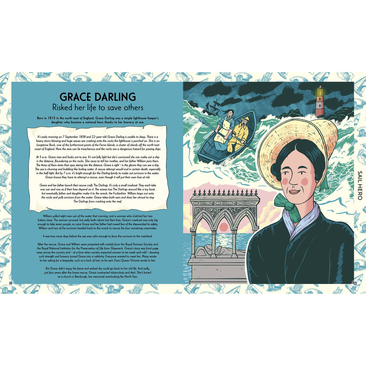 A page from the Wide Eyed Editions book On Board, titled “Grace Darling,” featuring a portrait of the heroine beside an illustration of her rowing a small boat toward a shipwreck near a lighthouse.