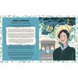 A page from the Wide Eyed Editions book On Board, titled “Grace Darling,” featuring a portrait of the heroine beside an illustration of her rowing a small boat toward a shipwreck near a lighthouse.