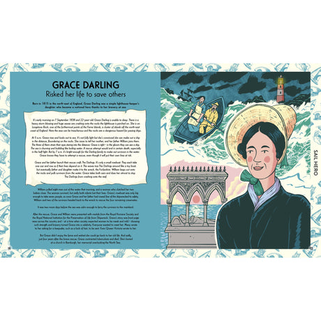A page from the Wide Eyed Editions book On Board, titled “Grace Darling,” featuring a portrait of the heroine beside an illustration of her rowing a small boat toward a shipwreck near a lighthouse.