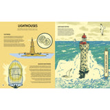 An open book from On Board featuring illustrations of the Pharos lighthouse, a Fresnel lens diagram, and a coastal lighthouse with waves, alongside text sections about lighthouse keepers and water transport.
