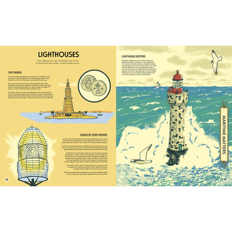 An open book from On Board featuring illustrations of the Pharos lighthouse, a Fresnel lens diagram, and a coastal lighthouse with waves, alongside text sections about lighthouse keepers and water transport.
