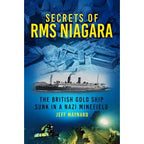 Book cover for "Secrets of RMS Niagara" from The History Press, showing a ship, divers, gold bars, and the tagline "The British Gold Ship Sunk in a Nazi Minefield," about the WWII salvage of Bank of England gold.