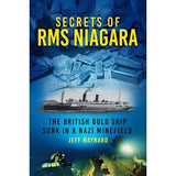Book cover for "Secrets of RMS Niagara" from The History Press, showing a ship, divers, gold bars, and the tagline "The British Gold Ship Sunk in a Nazi Minefield," about the WWII salvage of Bank of England gold.