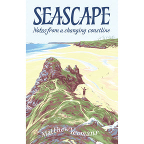 Book cover for Seascape featuring an illustration of a person standing on a rocky cliff overlooking a sandy beach and wind turbines along the Welsh coastline.